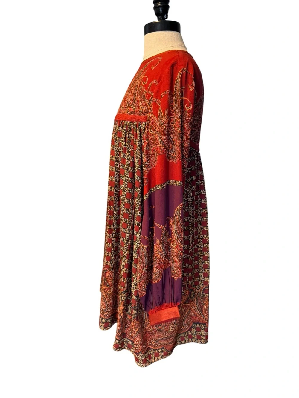 Pinnece Shruti Sancheti Boho Paisley Mixed Print Dress Rust Brown Size Small